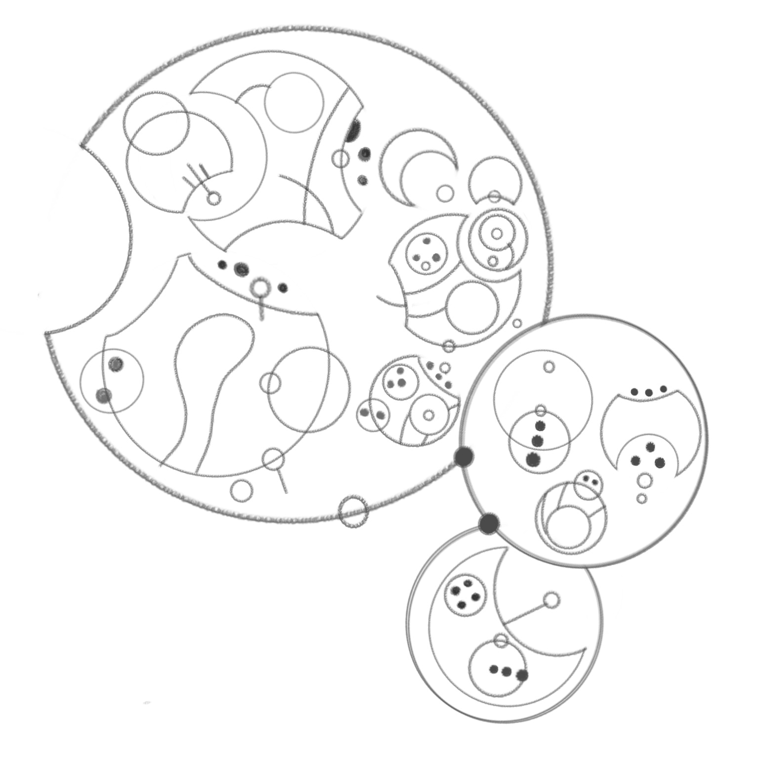 circular gallifreyan calligraphy, made in a digital art program with a brown pencil on a white page, featuring more complicated intersecting sentence.