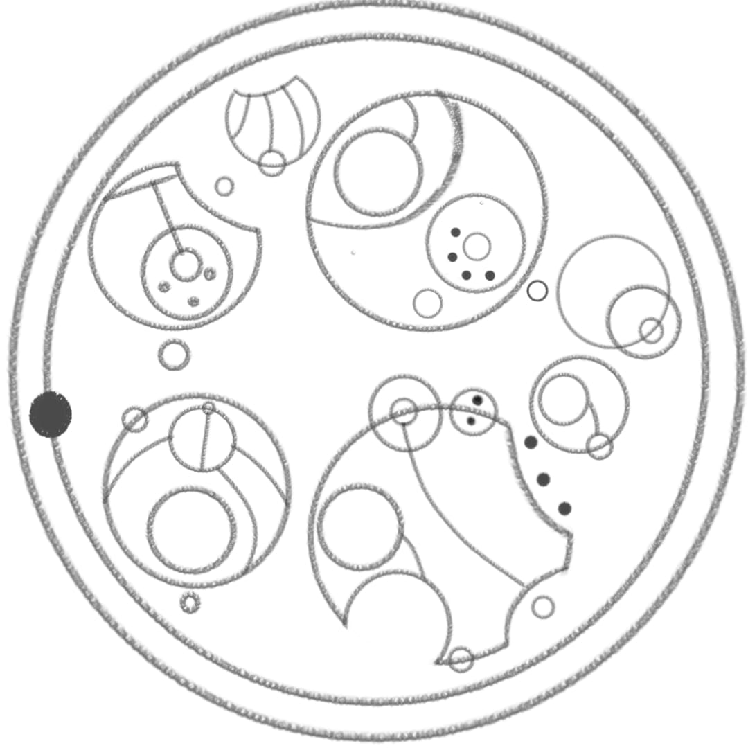 circular gallifreyan calligraphy, made in a digital art program with a grey pencil on a white page, featuring one big circle sentence.