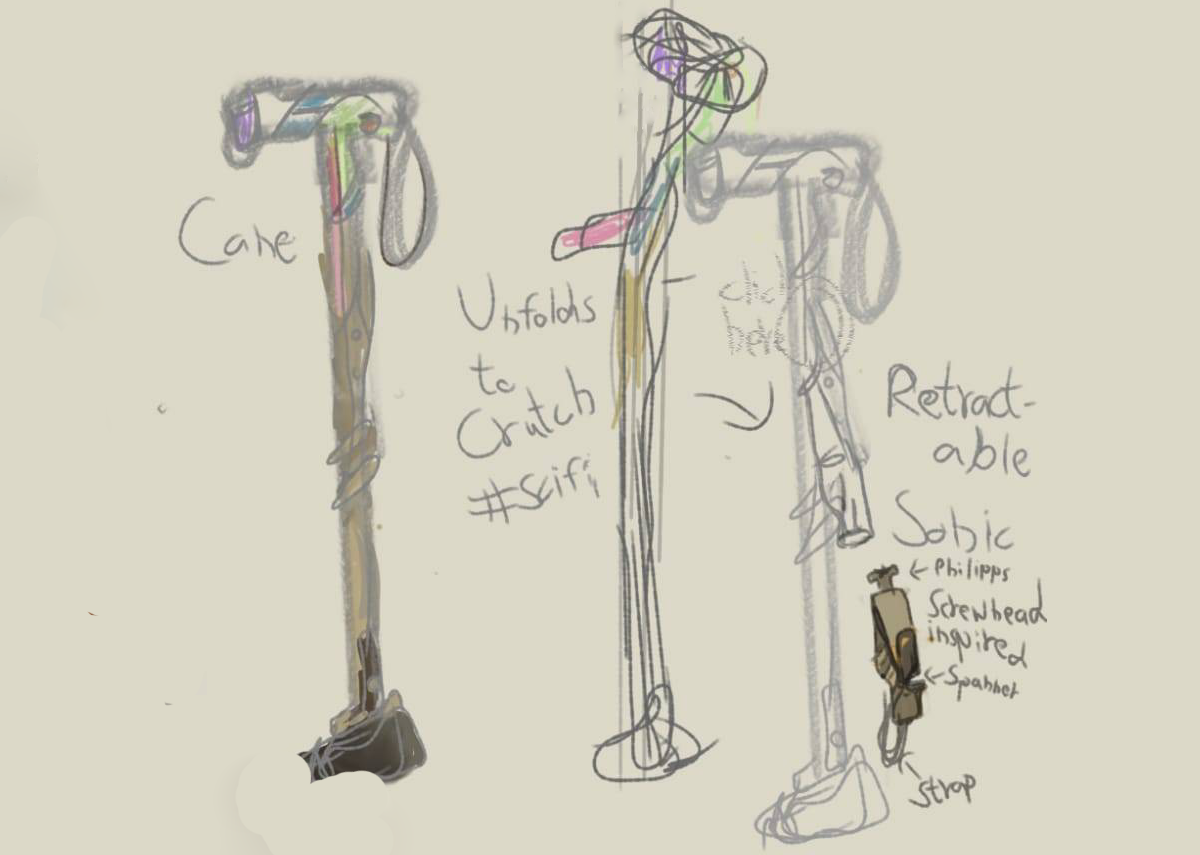 sketchy schematics of an elegantly decorated brass walking cane, slightly steampunk, and the way its head and handle unfold into a longer and more angled forearm crutch, with the handle's back and strap forming the cuff and the handle's botttom part forming the new, lower handgrab. On the side is an uncolored schematic of the cane's middle unfolding to eject a tube from within, labelled in handwriting: 'retractable sonic'. Next to that is a colored drawing of the design for Eighteen's sonic screwdriver, annotated; It's brown and brass and gold, and has an ergonomic curvy-blobbyness to its shape, with the bump at the top ending in a thin circle that seems to be patterned- it's lablled as bein inspired by a Phillips screwhead. The sonic body itself also has an embedded spanner grip on the side- labelled as such- and a strap on the bottom, and there are suggestions of orange buttons.