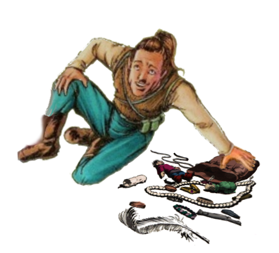 the fey-like kender, Tasslehoff Burfoot, reclining, with treasure