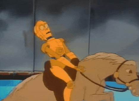 droids cartoon c-3po bouncily riding a dinosaur gif